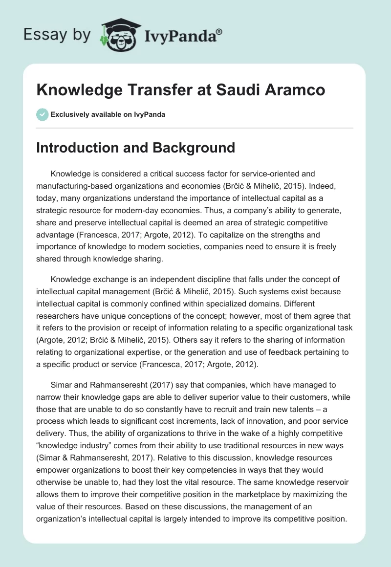 Knowledge Transfer at Saudi Aramco. Page 1