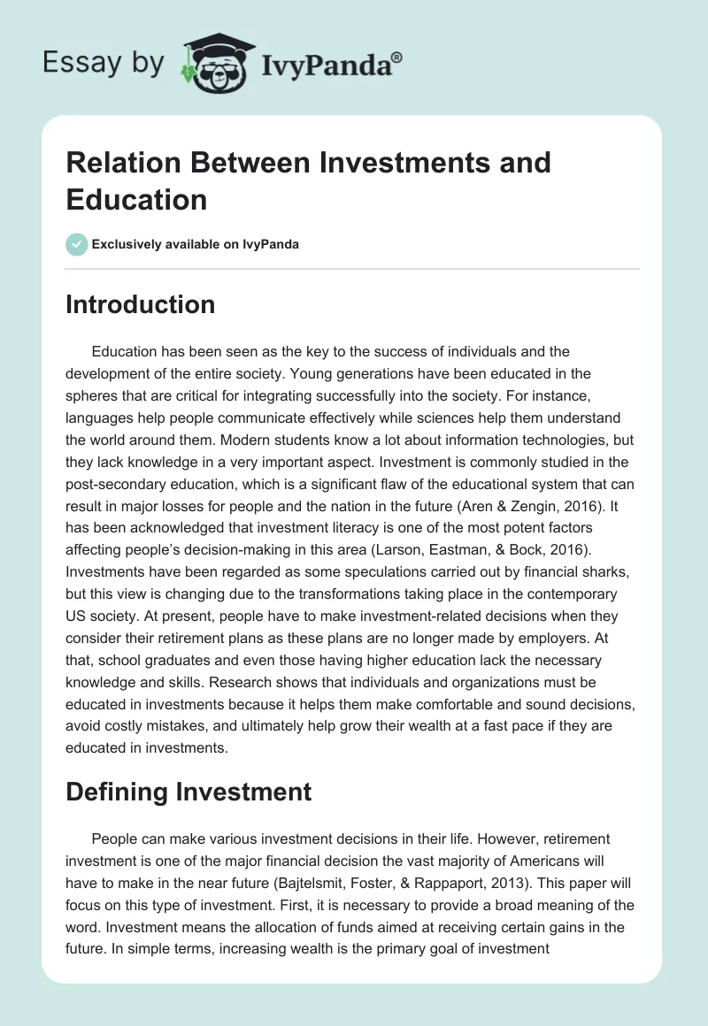 Relation Between Investments and Education. Page 1