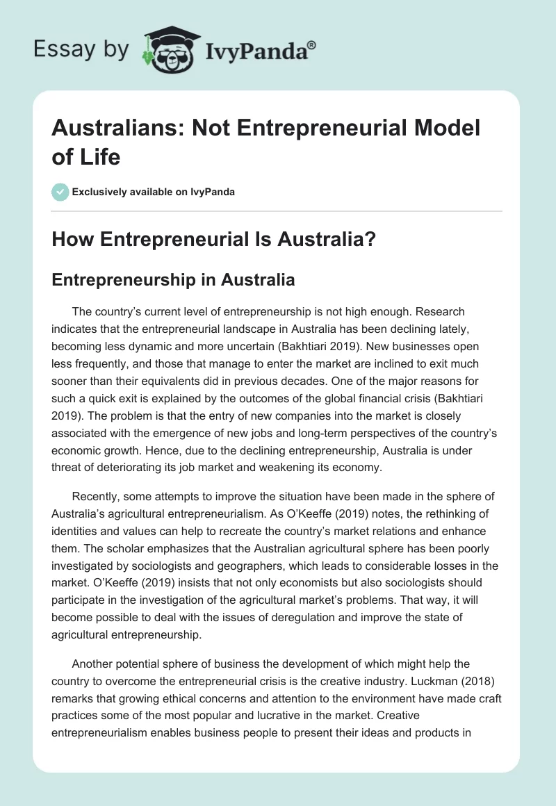 Australians: Not Entrepreneurial Model of Life. Page 1