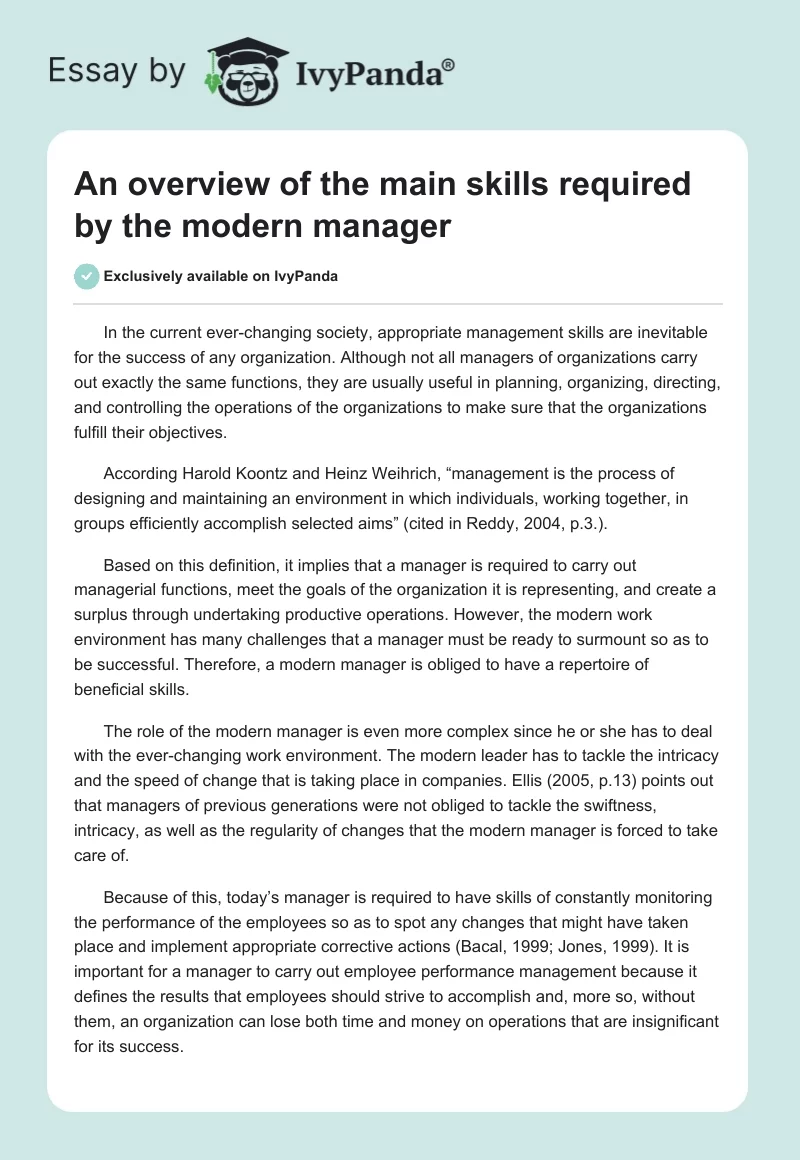 An overview of the main skills required by the modern manager. Page 1
