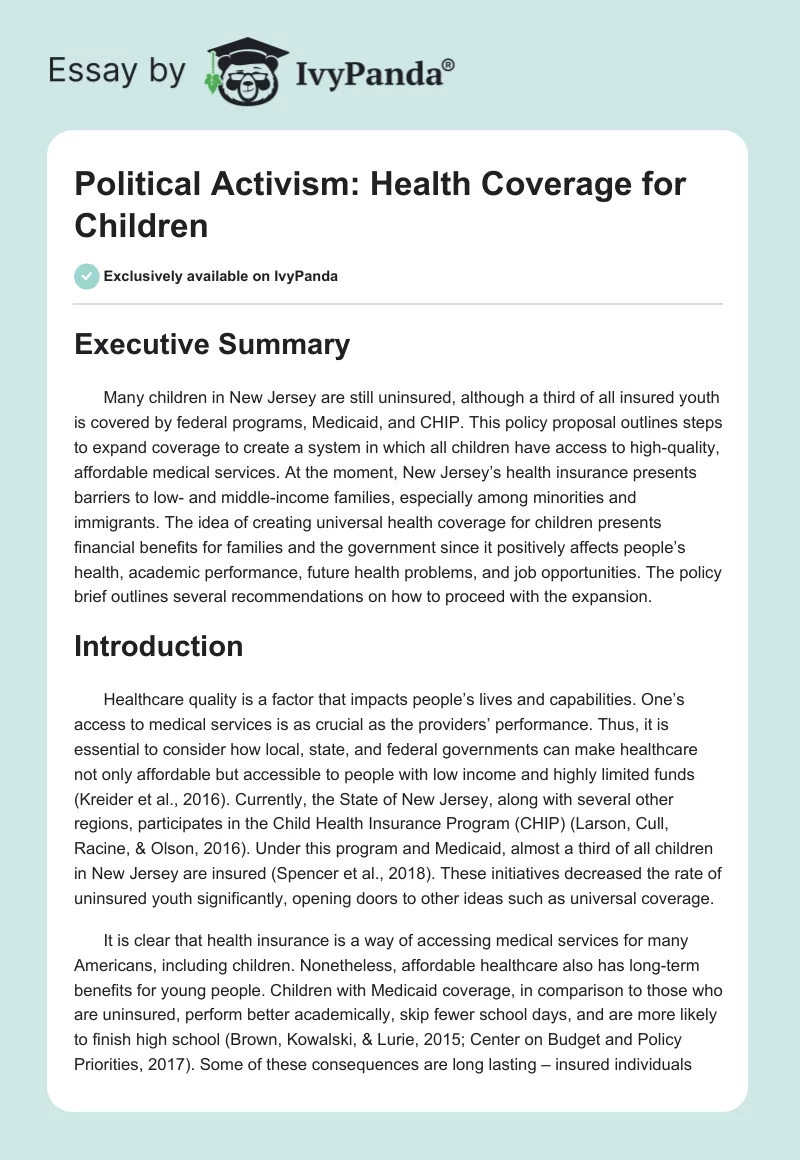 Political Activism: Health Coverage for Children. Page 1
