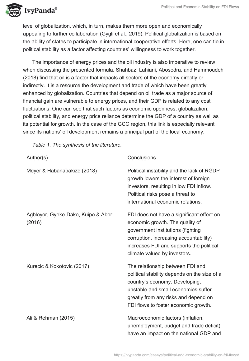 Political and Economic Stability on FDI Flows. Page 5