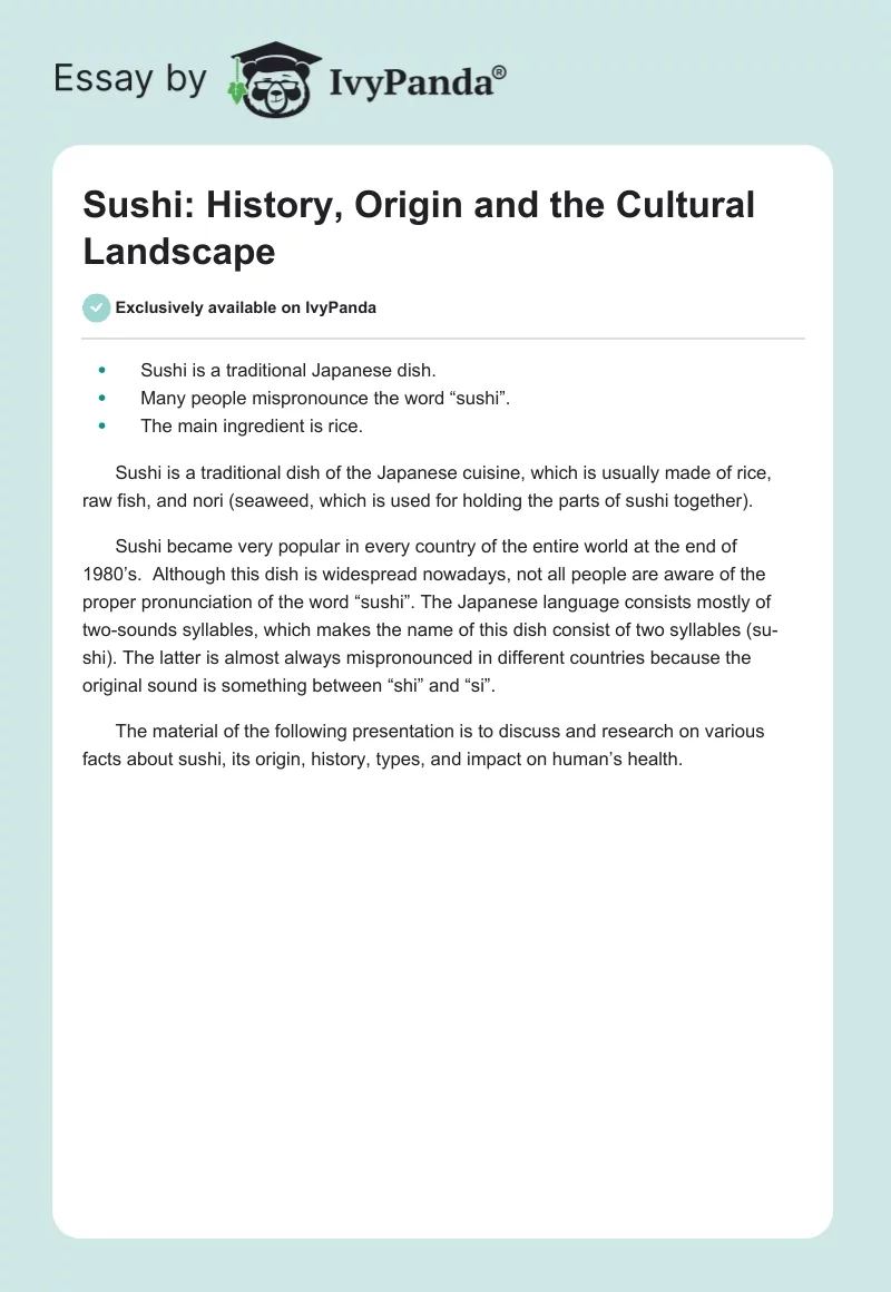 Sushi: History, Origin and the Cultural Landscape. Page 1