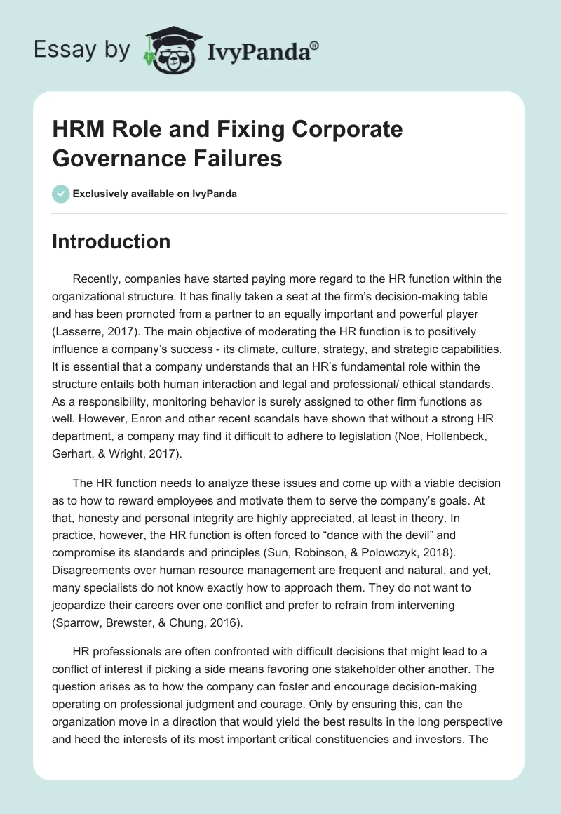 HRM Role and Fixing Corporate Governance Failures. Page 1