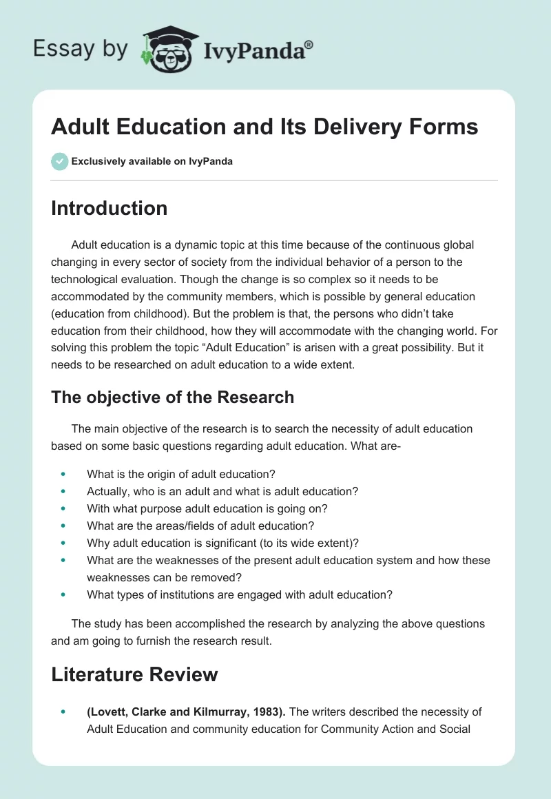 Adult Education and Its Delivery Forms. Page 1
