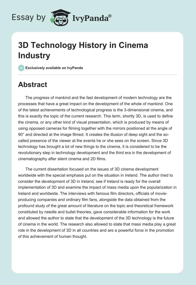 3D Technology History in Cinema Industry. Page 1