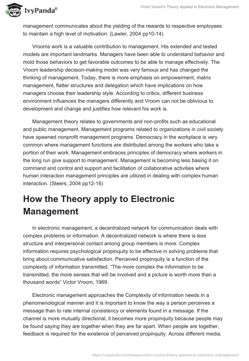Victor Vroom's Theory Applied to Electronic Management. Page 3