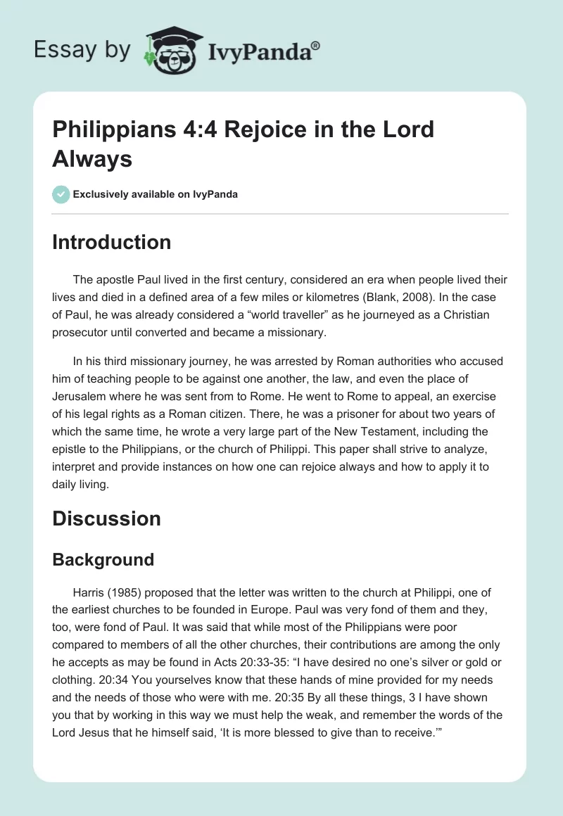 Philippians 4:4 "Rejoice in the Lord Always". Page 1