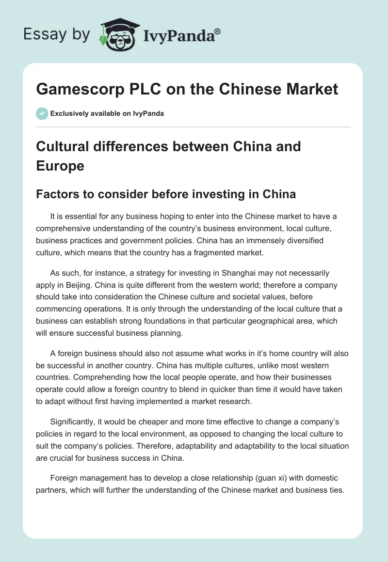 Gamescorp PLC on the Chinese Market. Page 1