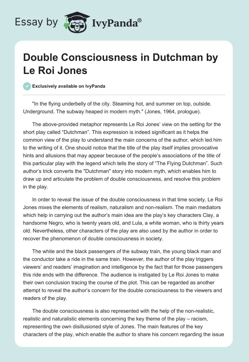 Double Consciousness in "Dutchman" by Le Roi Jones. Page 1