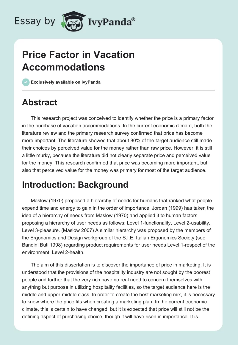 Price Factor in Vacation Accommodations. Page 1