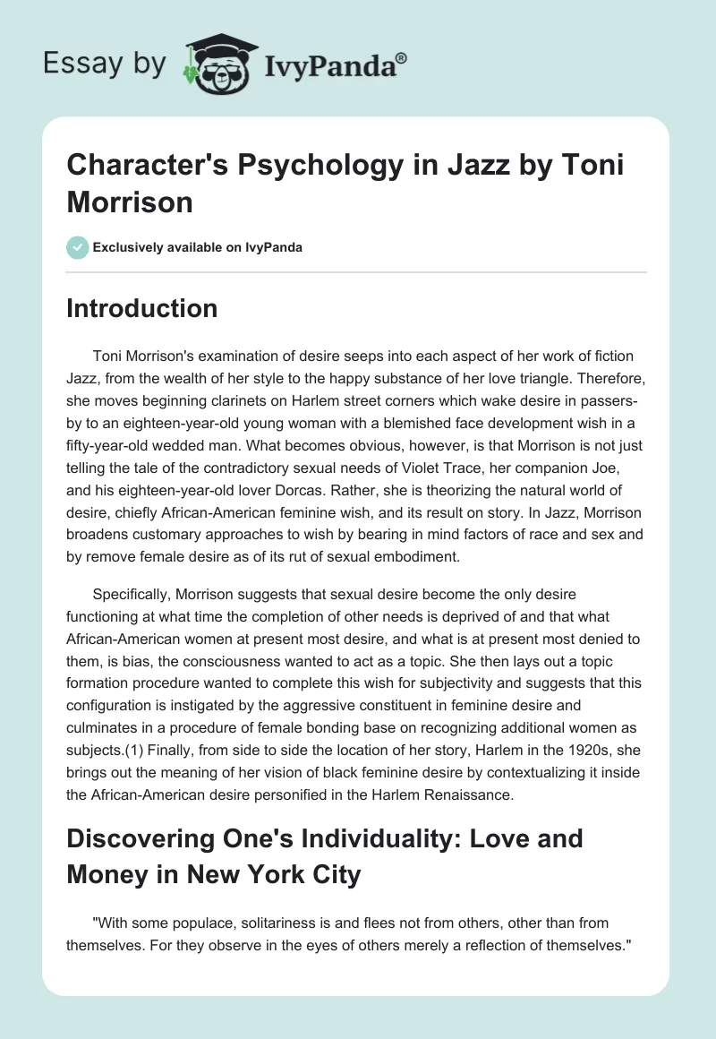 Character's Psychology in "Jazz" by Toni Morrison. Page 1