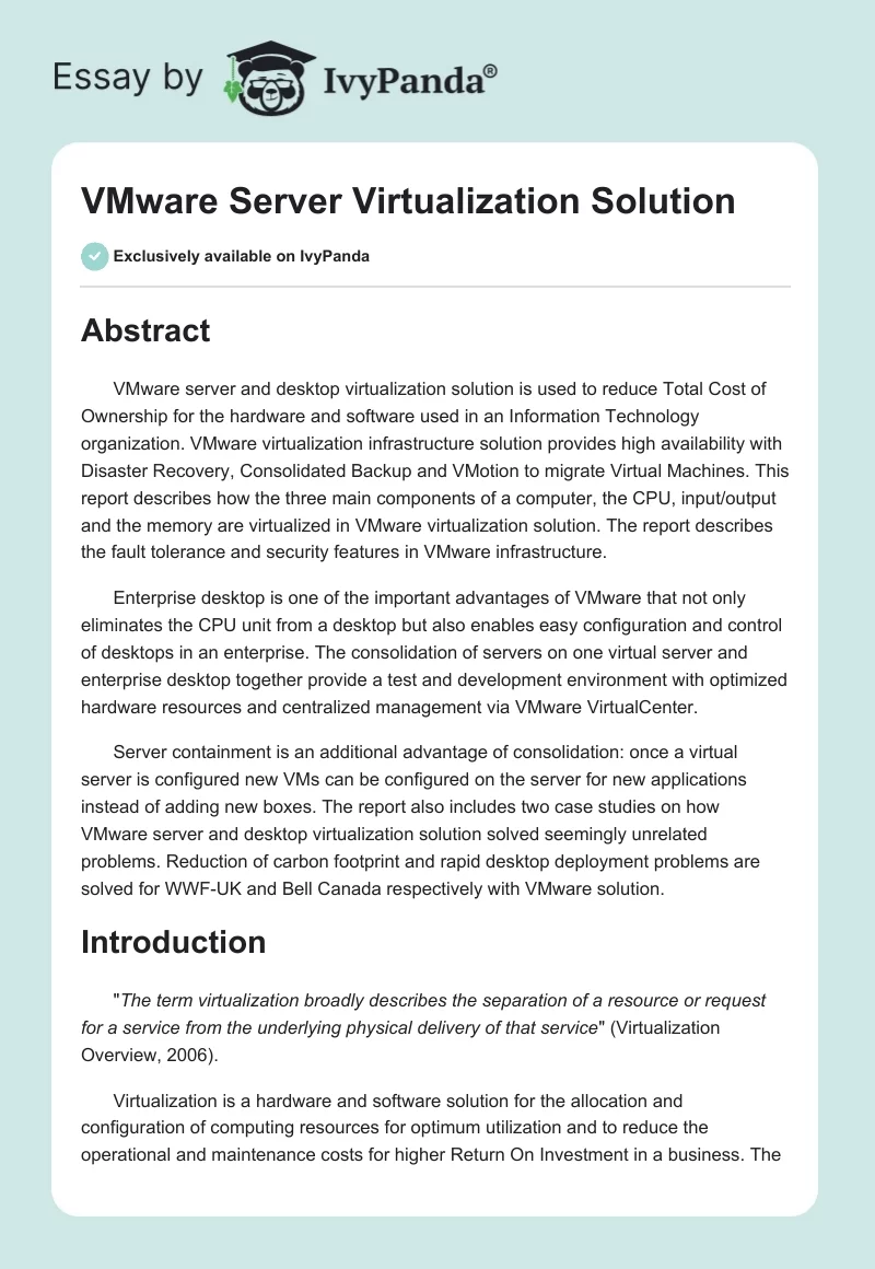 VMware Server Virtualization Solution. Page 1