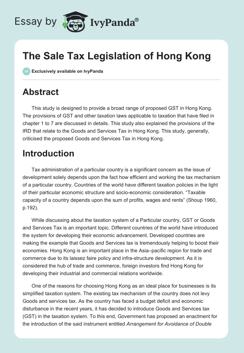 The Sale Tax Legislation of Hong Kong. Page 1