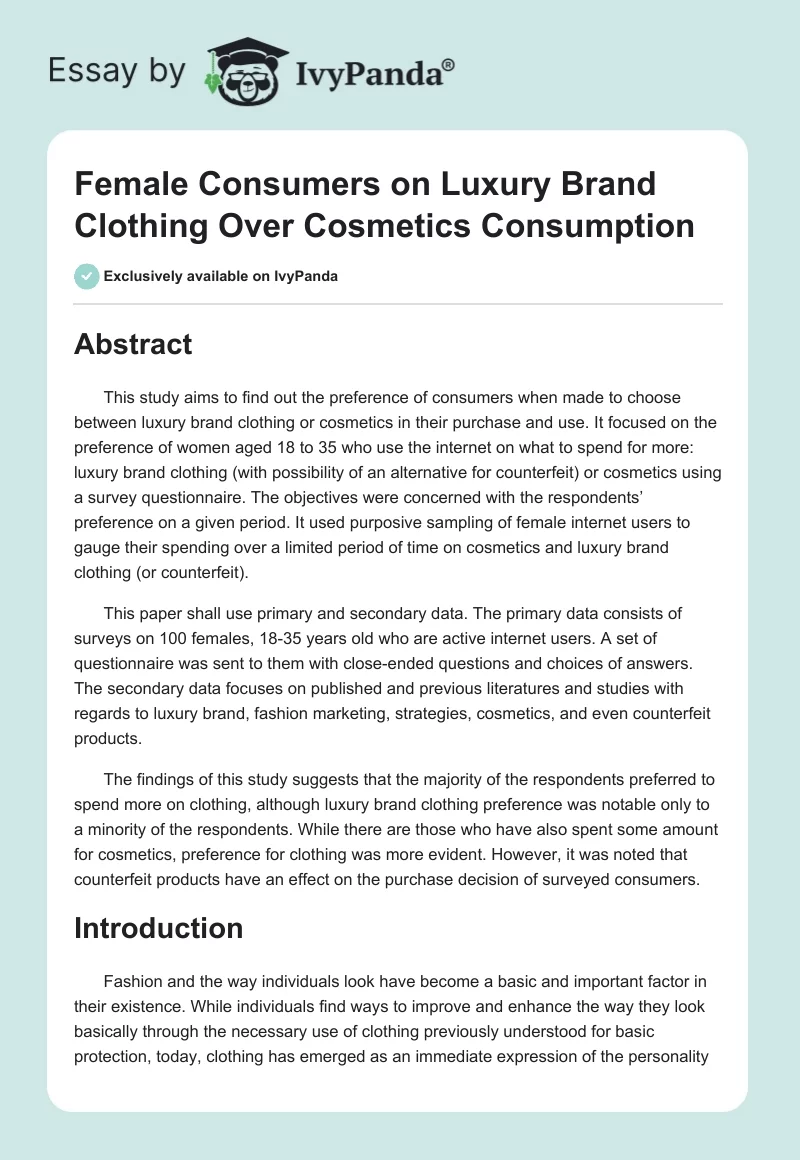 Female Consumers on Luxury Brand Clothing Over Cosmetics Consumption. Page 1