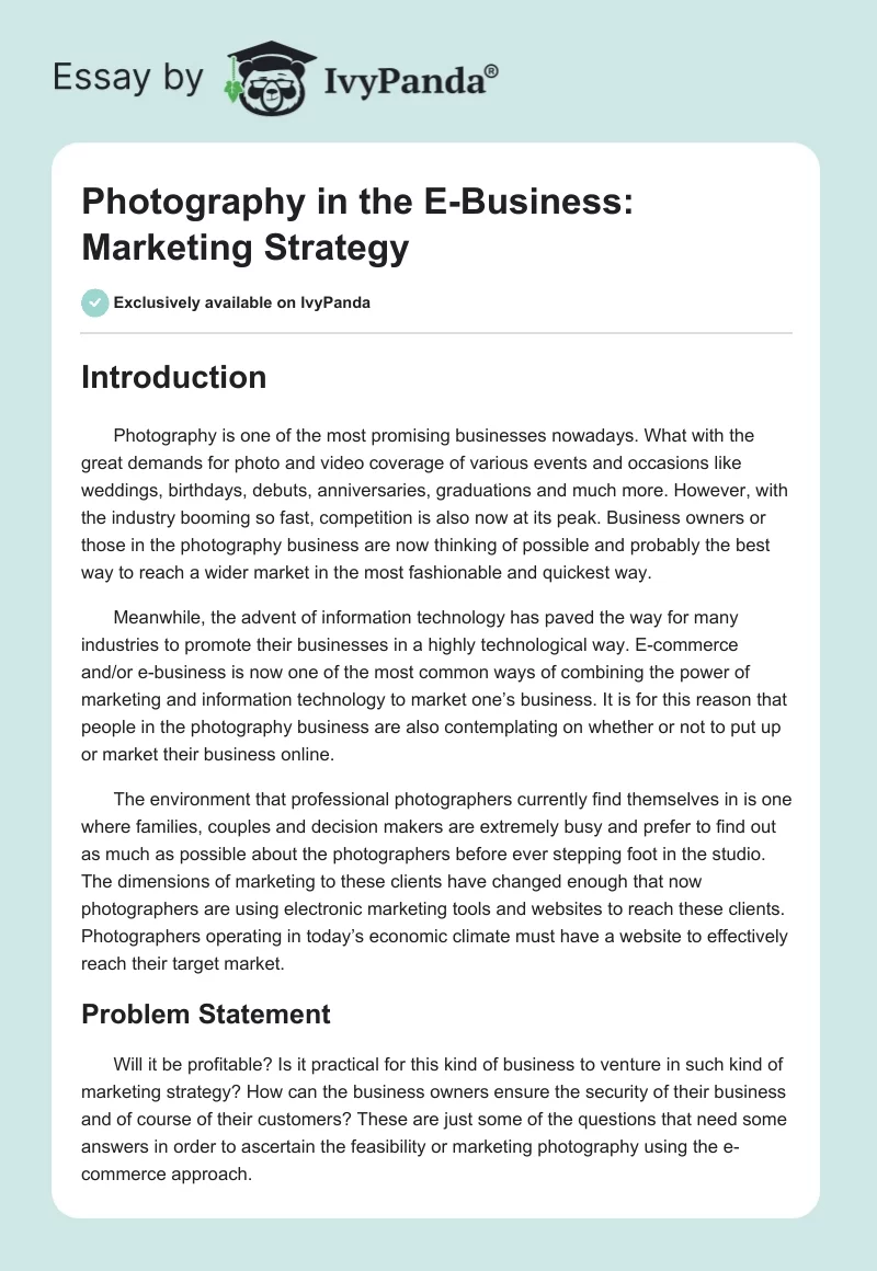 Photography in the E-Business: Marketing Strategy. Page 1