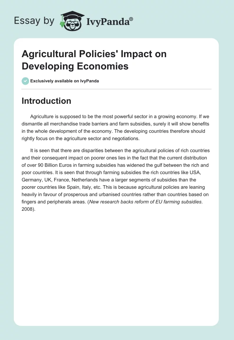 Agricultural Policies' Impact on Developing Economies. Page 1