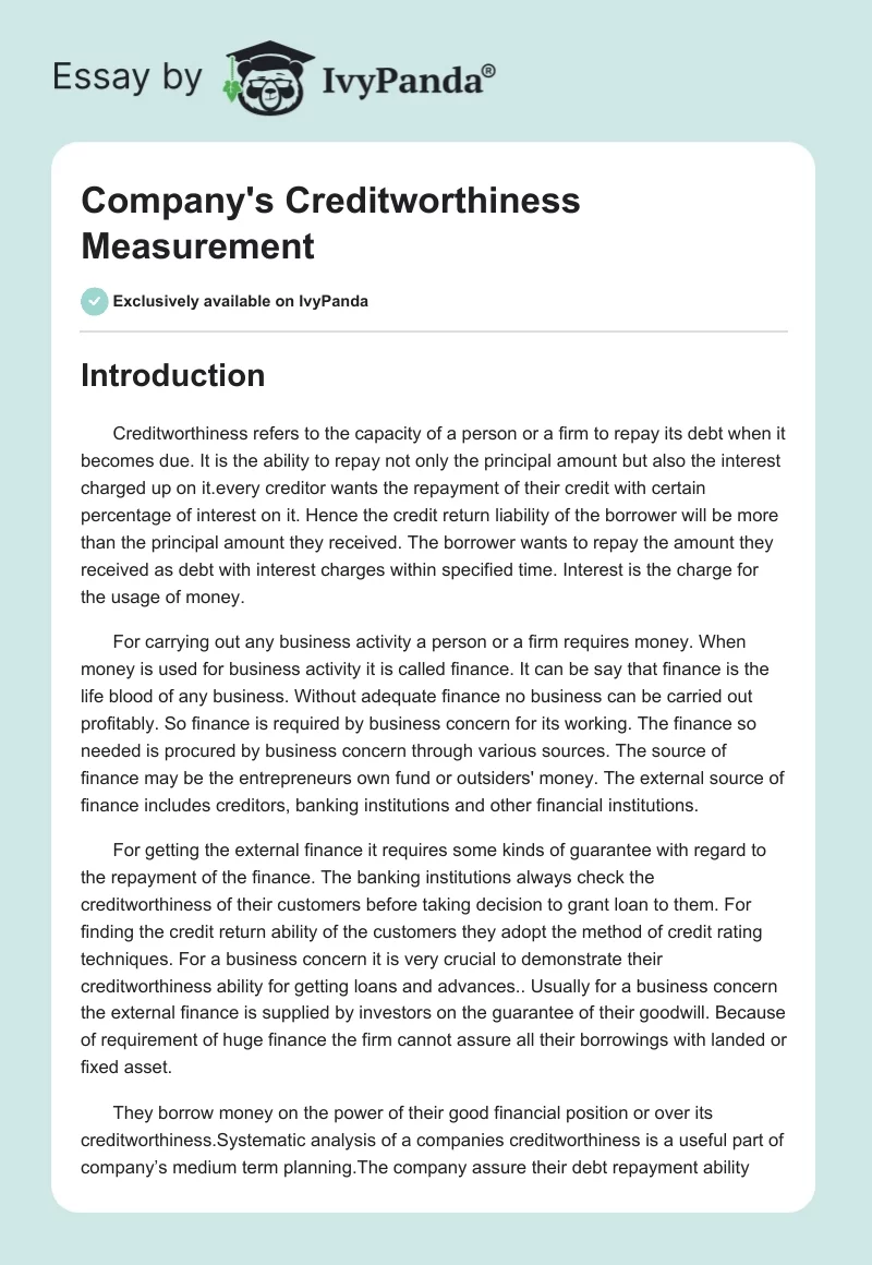 Company's Creditworthiness Measurement. Page 1