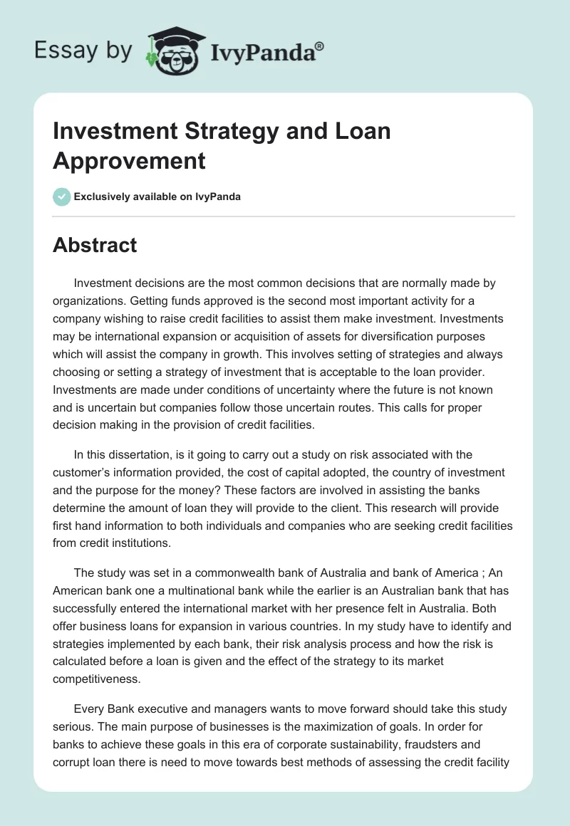 Investment Strategy and Loan Approvement. Page 1