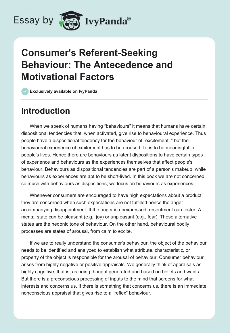 Consumer's Referent-Seeking Behaviour: The Antecedence and Motivational Factors. Page 1