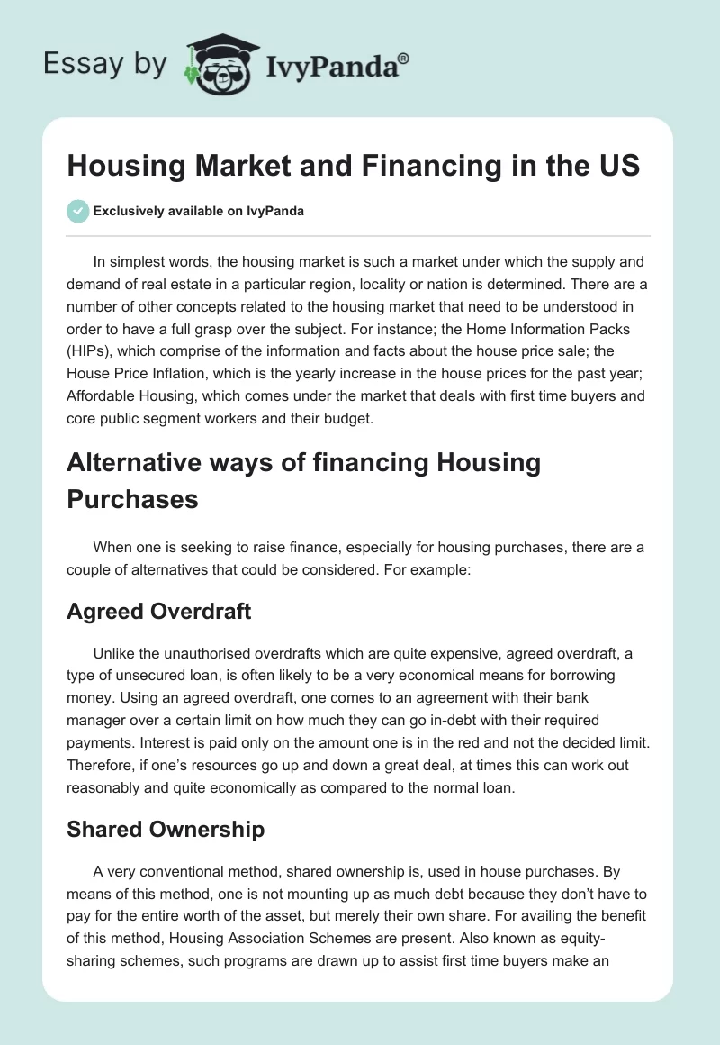 Housing Market and Financing in the US. Page 1