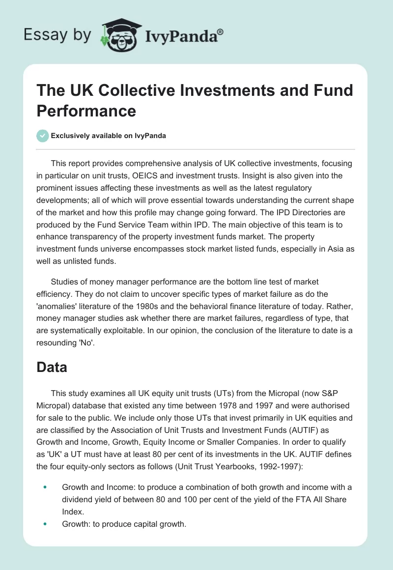 The UK Collective Investments and Fund Performance. Page 1