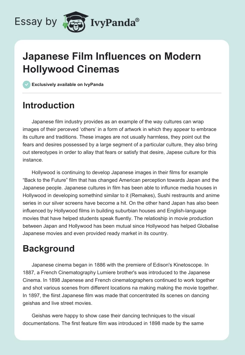 Japanese Film Influences on Modern Hollywood Cinemas. Page 1