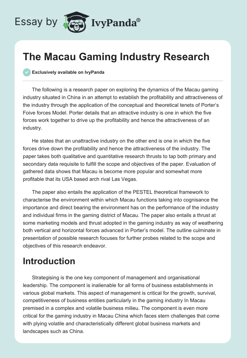 The Macau Gaming Industry Research. Page 1