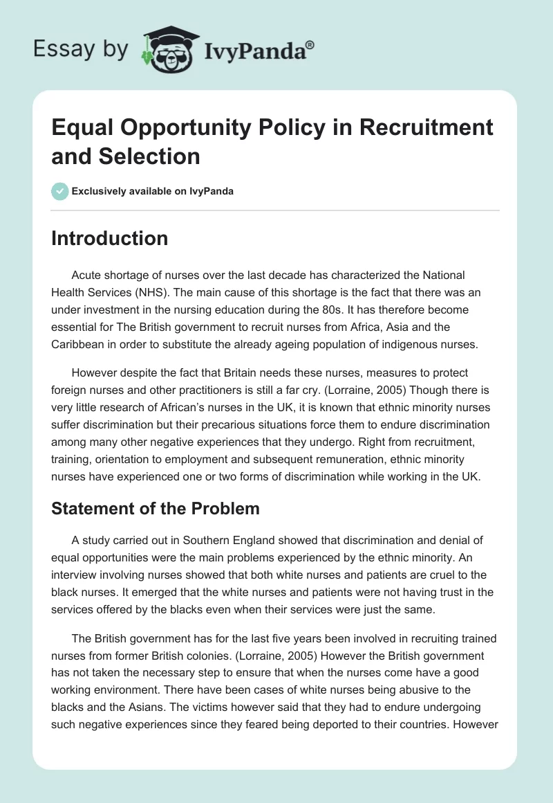Equal Opportunity Policy in Recruitment and Selection. Page 1