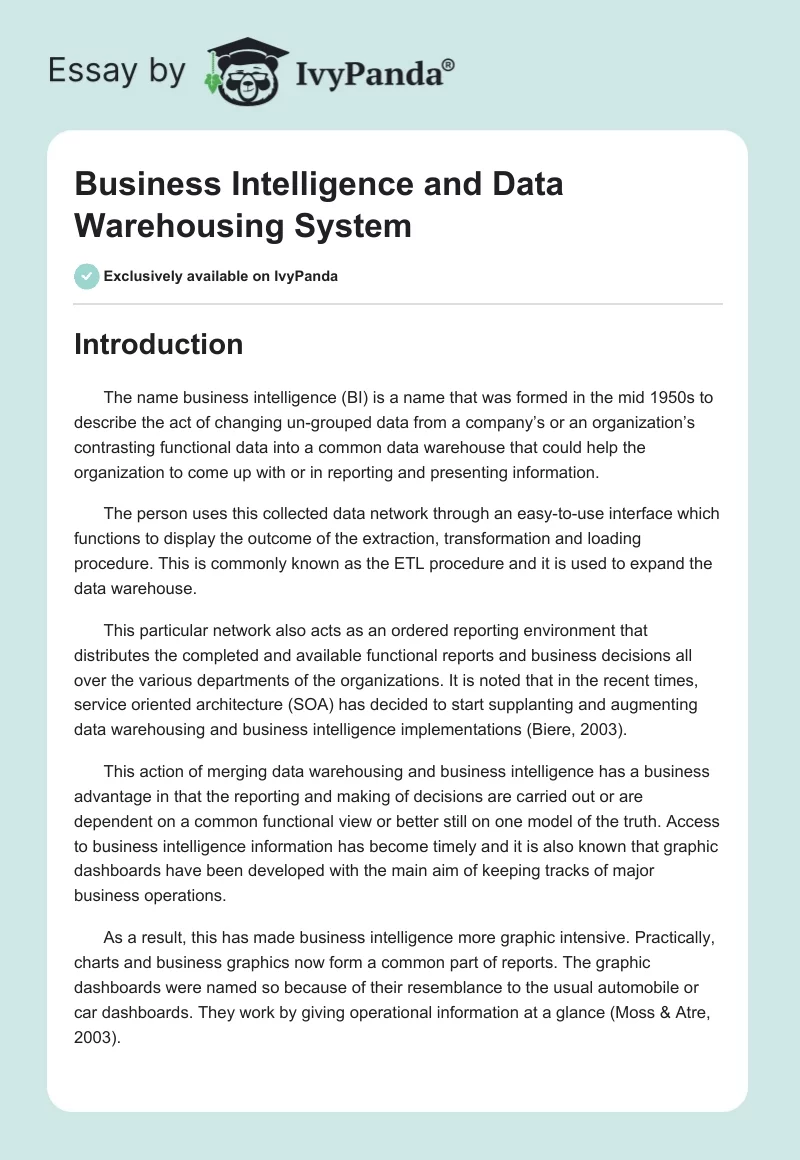 Business Intelligence and Data Warehousing System. Page 1