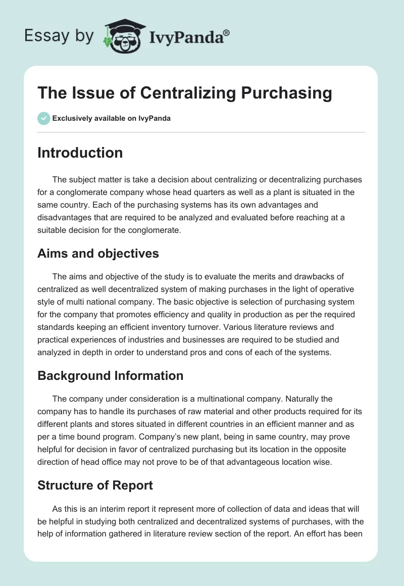 The Issue of Centralizing Purchasing. Page 1