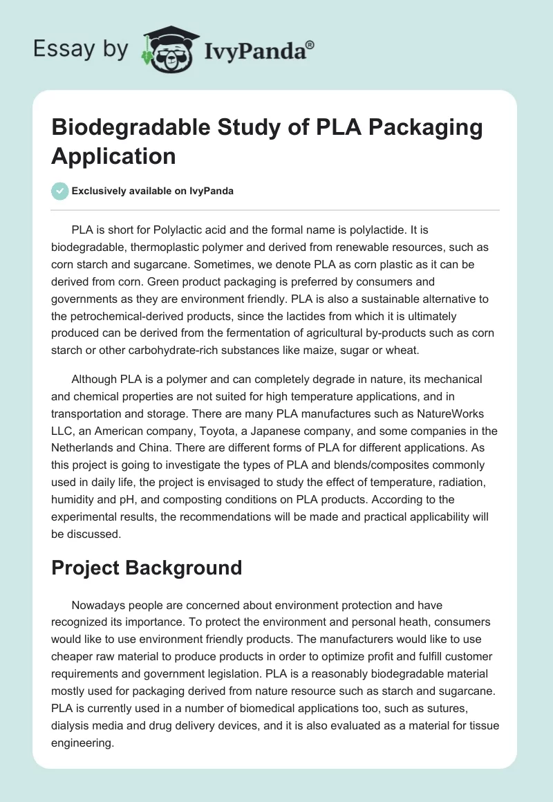 Biodegradable Study of PLA Packaging Application. Page 1