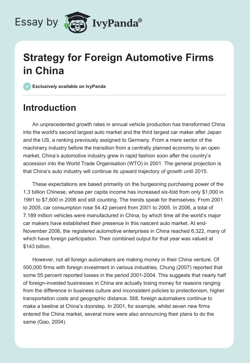 Strategy for Foreign Automotive Firms in China. Page 1