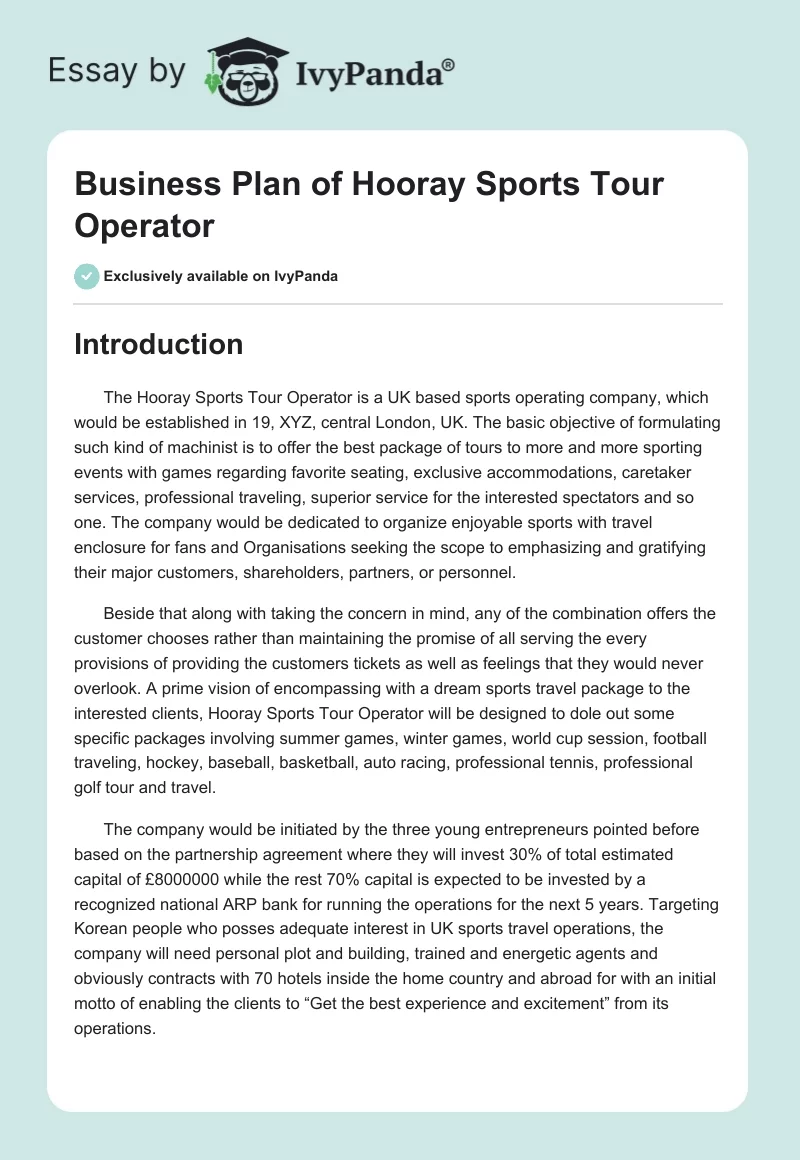 Business Plan of Hooray Sports Tour Operator. Page 1