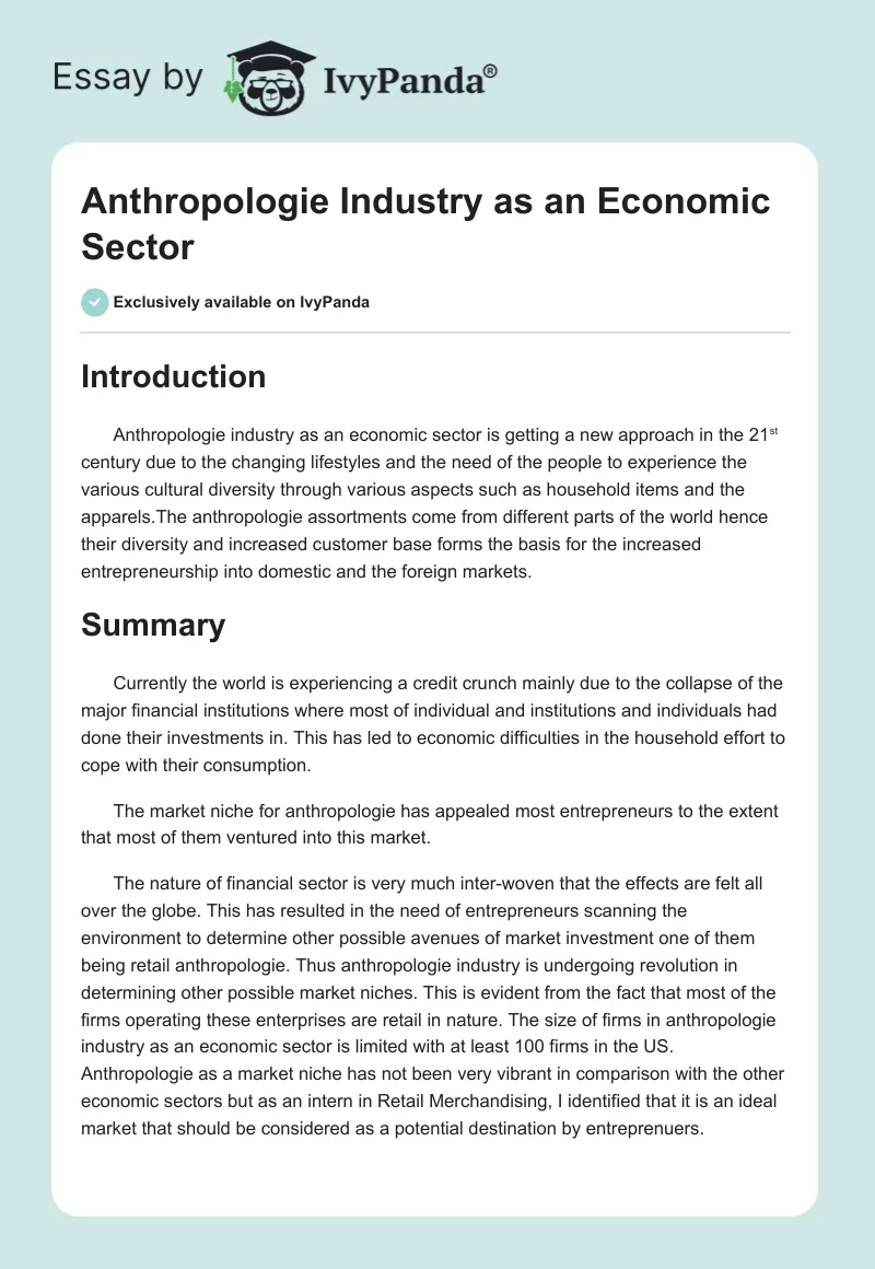 Anthropologie Industry as an Economic Sector. Page 1
