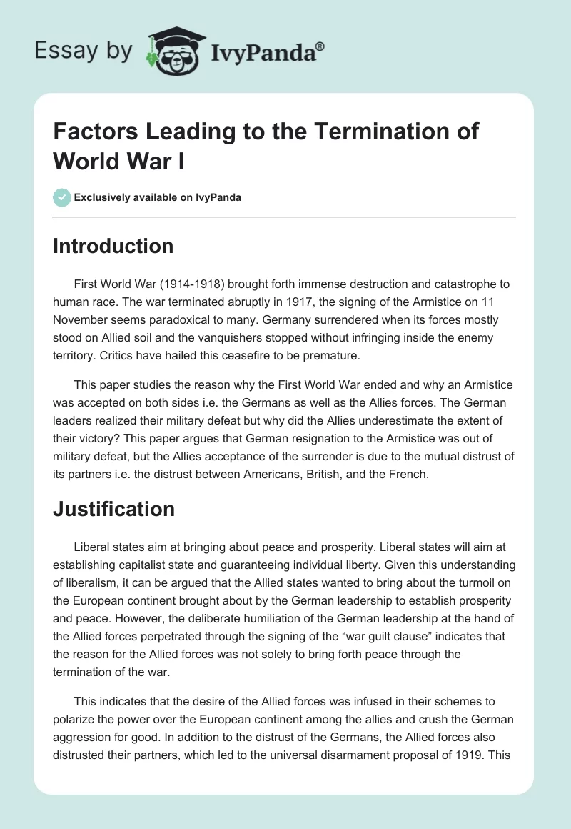 Factors Leading to the Termination of World War I. Page 1