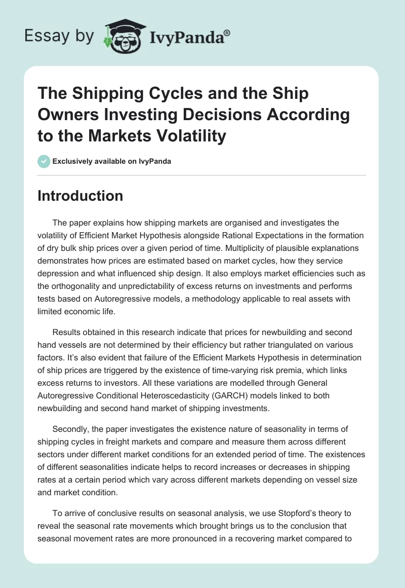 The Shipping Cycles and the Ship Owners Investing Decisions According to the Markets Volatility. Page 1