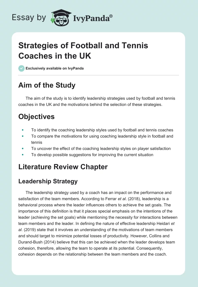 Strategies of Football and Tennis Coaches in the UK. Page 1