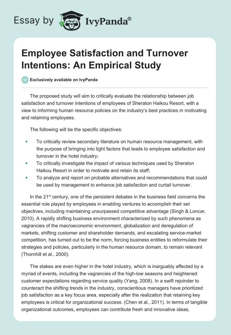 Employee Satisfaction and Turnover Intentions: An Empirical Study. Page 1