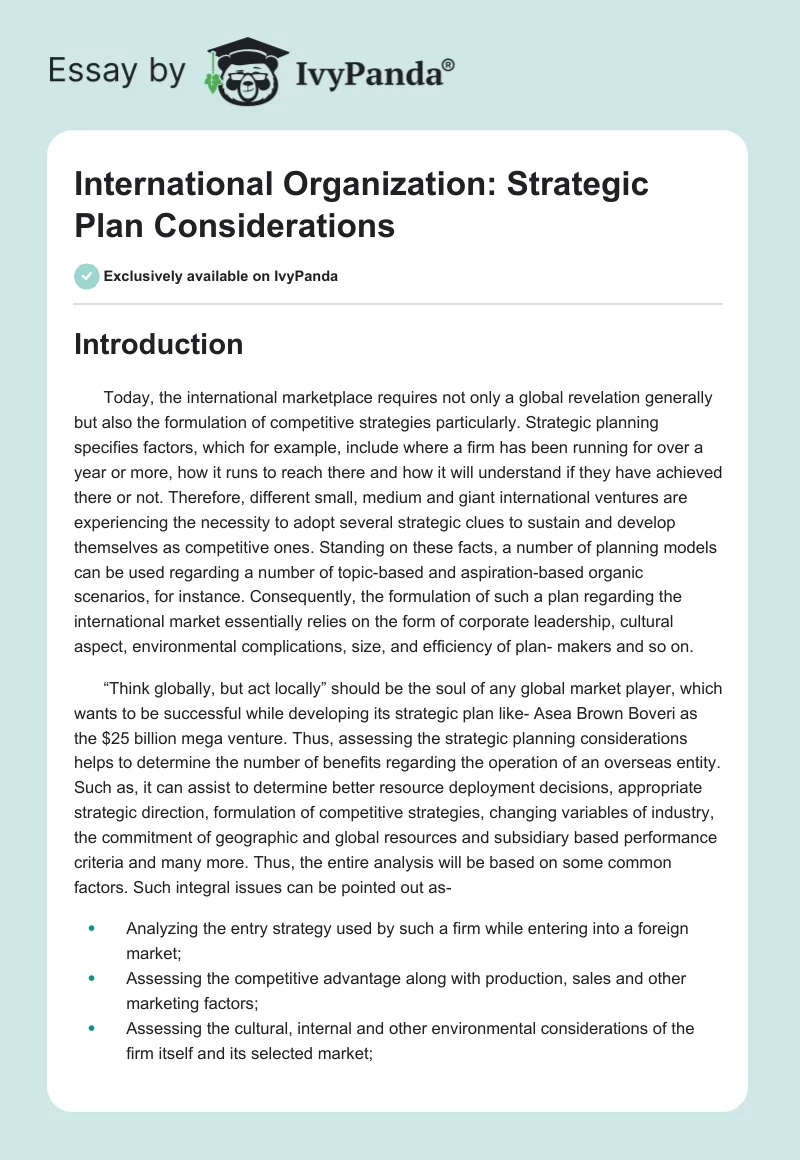 International Organization: Strategic Plan Considerations. Page 1