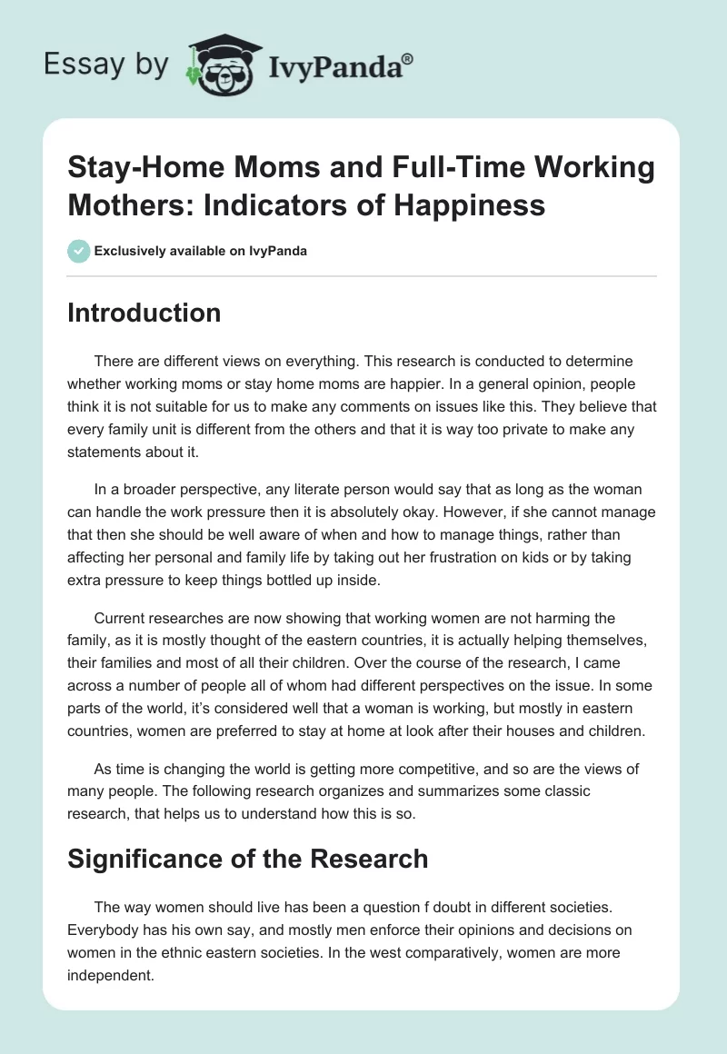 Stay-Home Moms and Full-Time Working Mothers: Indicators of Happiness. Page 1