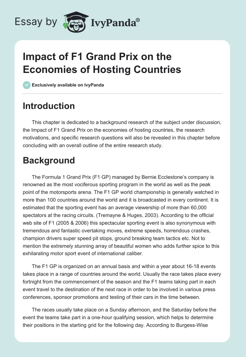 Impact of F1 Grand Prix on the Economies of Hosting Countries. Page 1