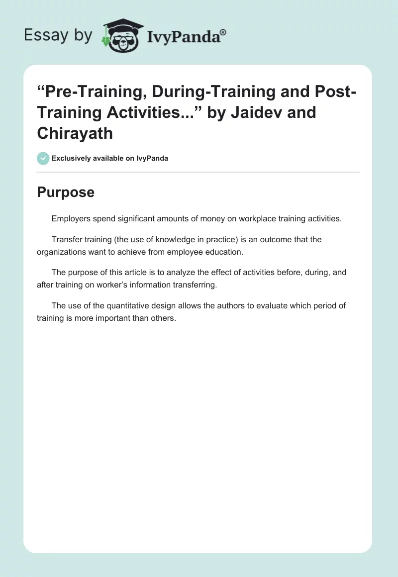 “Pre-Training, During-Training and Post-Training Activities...” by Jaidev and Chirayath. Page 1