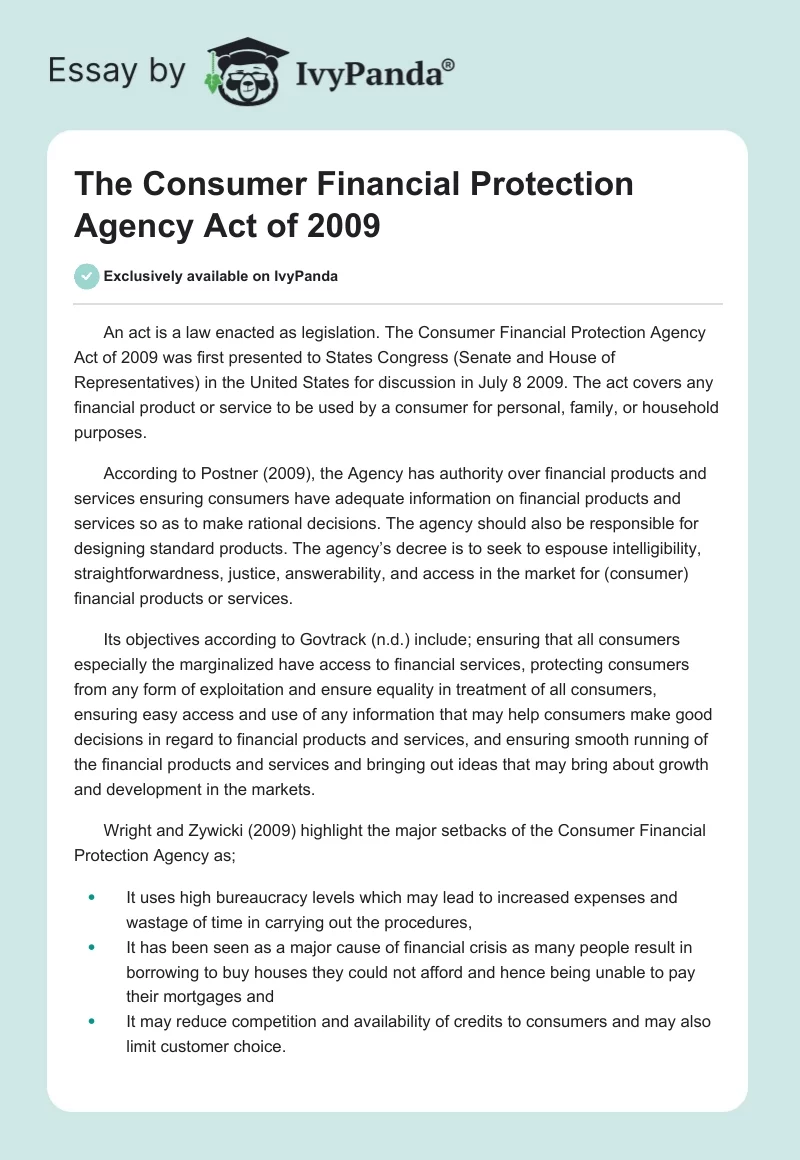 The Consumer Financial Protection Agency Act of 2009. Page 1