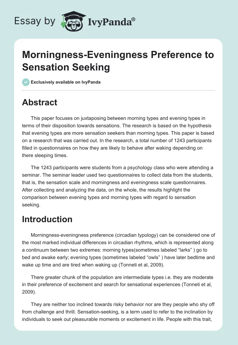 Morningness-Eveningness Preference to Sensation Seeking. Page 1