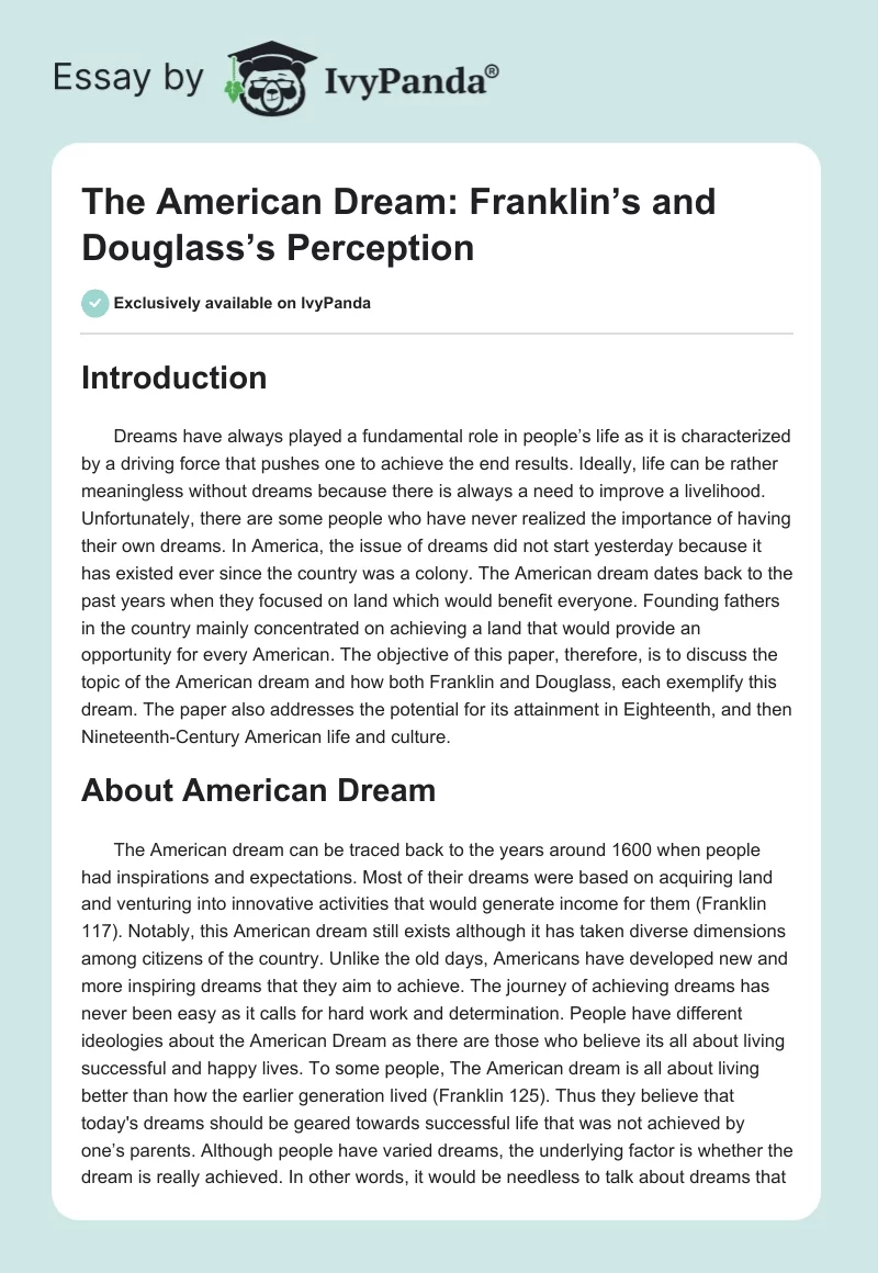 The American Dream: Franklin’s and Douglass’s Perception. Page 1
