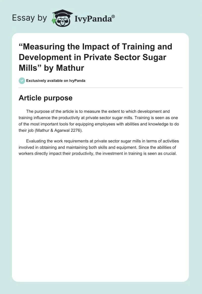“Measuring the Impact of Training and Development in Private Sector Sugar Mills” by Mathur. Page 1