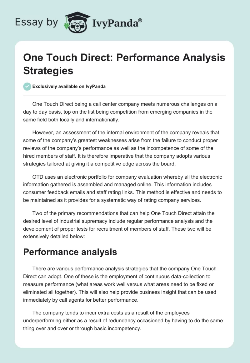 One Touch Direct: Performance Analysis Strategies. Page 1