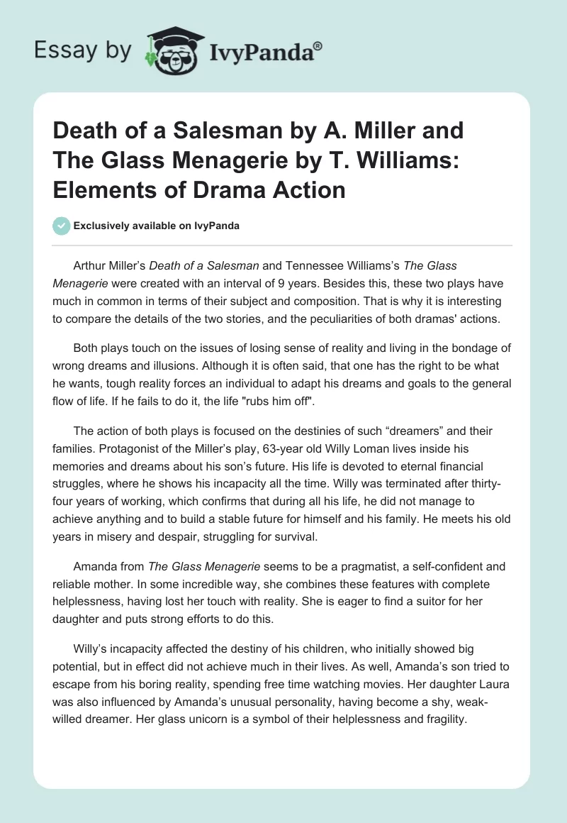 "Death of a Salesman" by A. Miller and "The Glass Menagerie" by T. Williams: Elements of Drama Action. Page 1