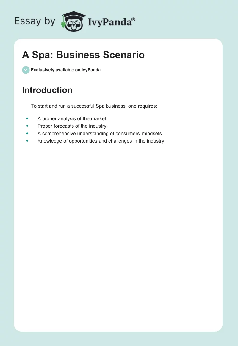 A Spa: Business Scenario. Page 1